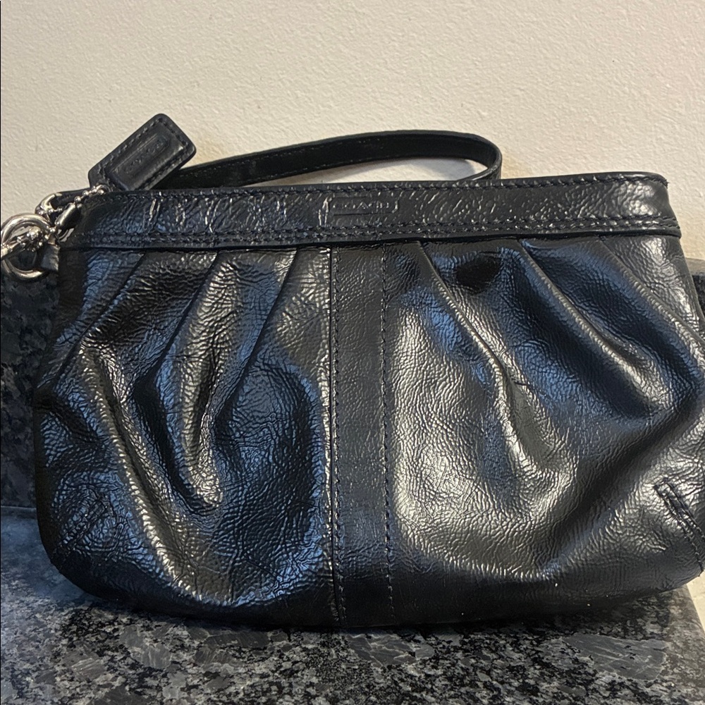 Coach Modern Madison Pleated Leather Large Wristlet Black Patent Leather